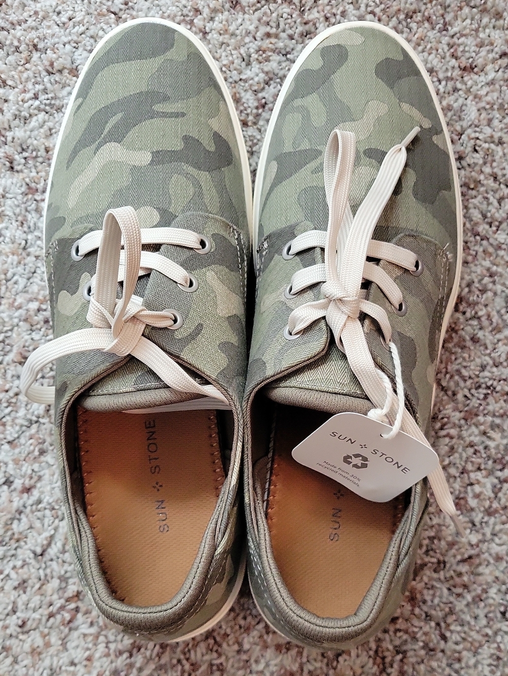 NWT MEN'S Sun + Stone Olive Camo Canvas Sneakers with Cream Laces